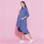 Women Blue Maternity Shirt Midi Dress