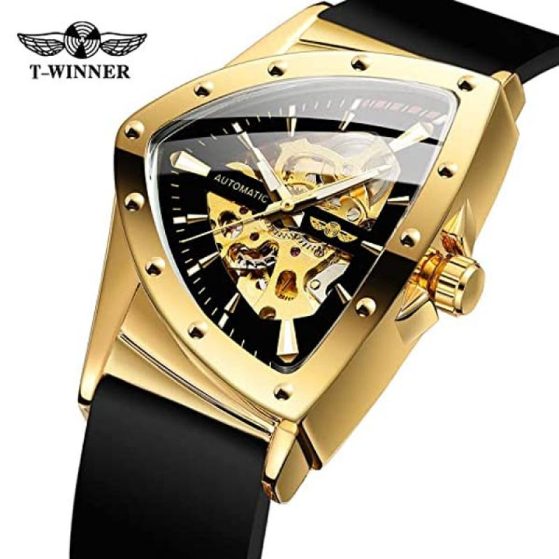 Forsining Automatic Mechanical Skeleton Traingle Analog Rubber Band Men's Watch - WRG8243