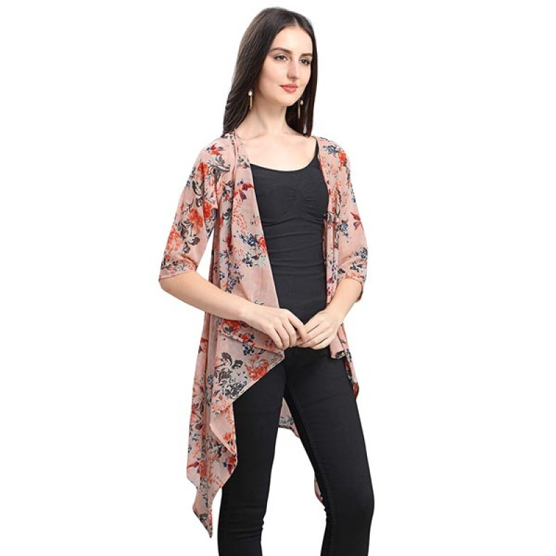 Serein Women's Shrug (Light peach floral print Shrug / Jacket with 3/4th sleeves)